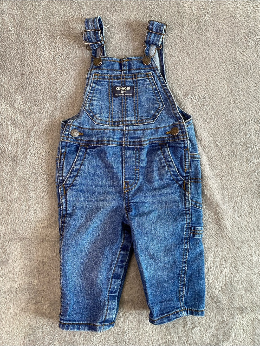 OshKosh B'gosh Classic Blue Denim Baby Overalls 6M Dark Wash Stretchy 90s Retro